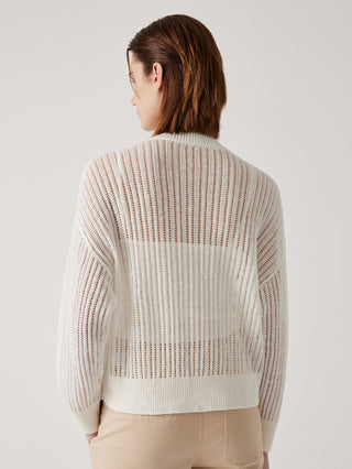 White linen openwork cardigan back view with ribbed hem and cuffs