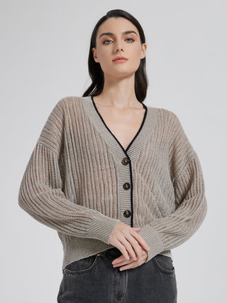 Gray linen openwork button cardigan with V-neck and dark button front
