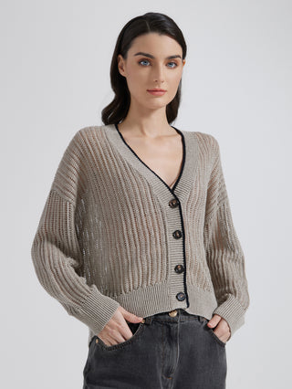 Gray linen openwork cardigan with long sleeves, V-neck, and dark buttons