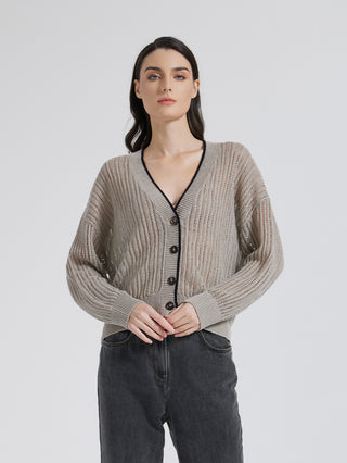 Gray linen openwork button cardigan with V-neck, long sleeves