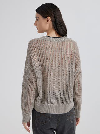 Gray linen openwork cardigan back view with ribbed collar and straight hem