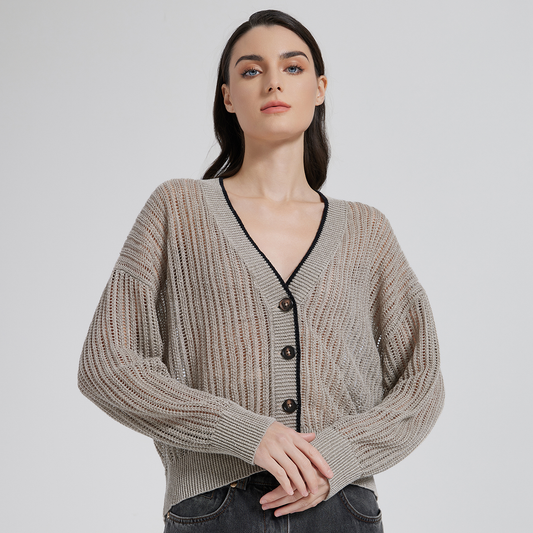 2025 Women's flax cut-out V-neck cardigan Top