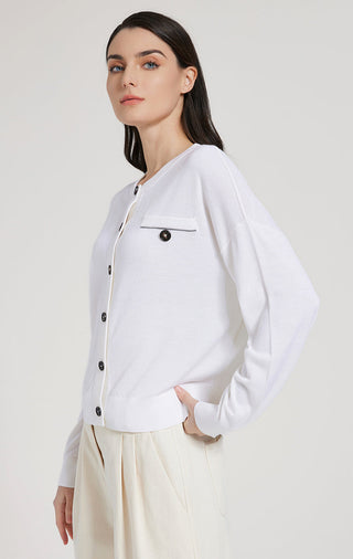 White wool silk knit cardigan, long sleeves and button front, side profile view