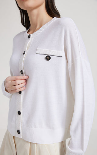 White wool silk knit cardigan close-up: stand collar, black buttons, pocket detail