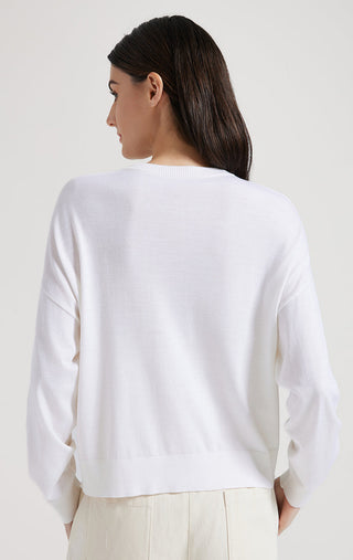 White wool silk knit cardigan back view with ribbed trim at hem and cuffs