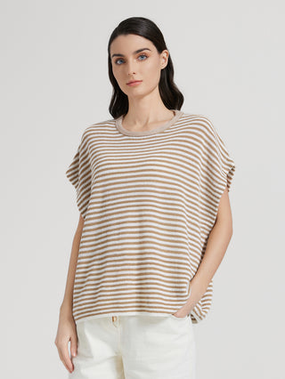 Camel and cream striped batwing knit top with ribbed scoop neckline