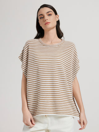Striped batwing knit top in camel and cream; loose fit and scoop neck
