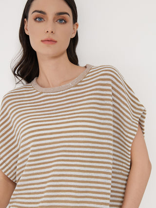 Close-up of camel-and-cream striped batwing knit top with ribbed neckline