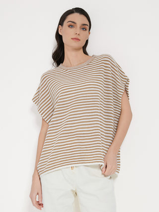 Camel striped batwing knit top with ribbed scoop neck and wide sleeves