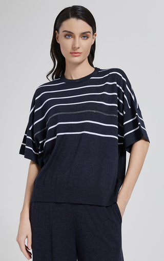 Graphite gray knit top with white stripes, crew neckline, short sleeves, relaxed fit