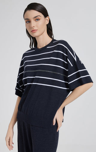 Graphite gray striped knit top with crew neckline, short sleeves, side drape