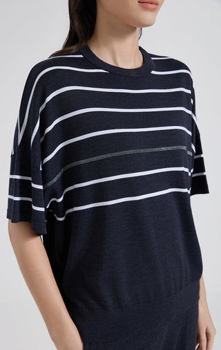 Close view of graphite gray striped knit top with white horizontal stripes
