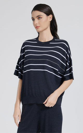 Graphite gray striped knit top, crew neck and short sleeves, draped relaxed silhouette