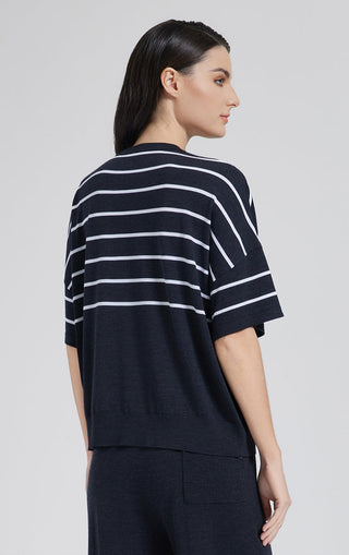 Back view of graphite gray striped knit top with crew neck, short sleeves