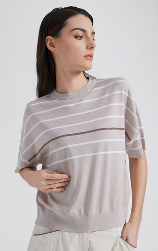 Camel striped knit top, crew neck and short sleeves, draped relaxed silhouette
