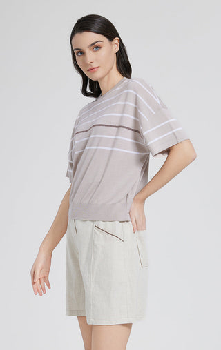 Camel knit top with horizontal stripes, crew neck, short sleeves, tucked front
