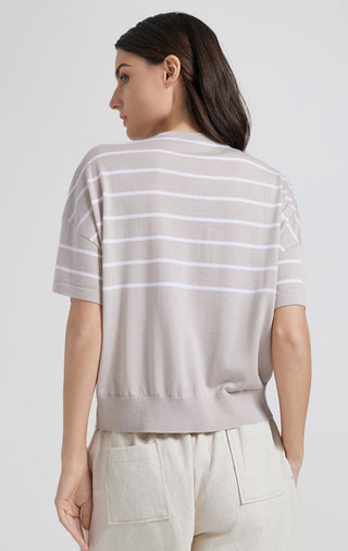 Back view of camel striped knit top with crew neck, short sleeves, relaxed fit