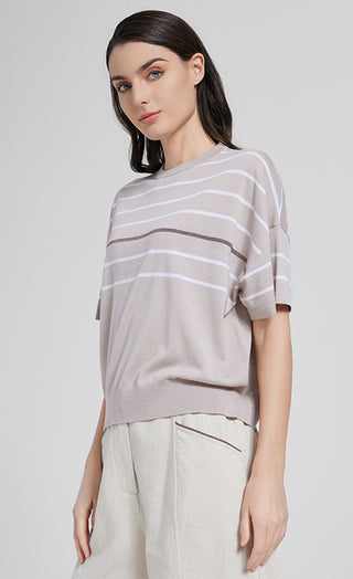 Camel striped knit top with crew neckline and short sleeves, side view