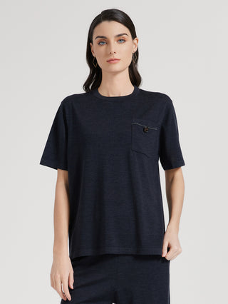 Women's silk wool pocket button T-shirt