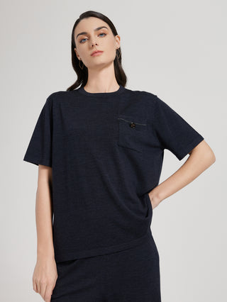 Graphite gray short-sleeve T-shirt with small chest pocket and top-button