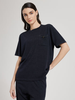Graphite gray short-sleeve T-shirt with chest pocket and button, side profile