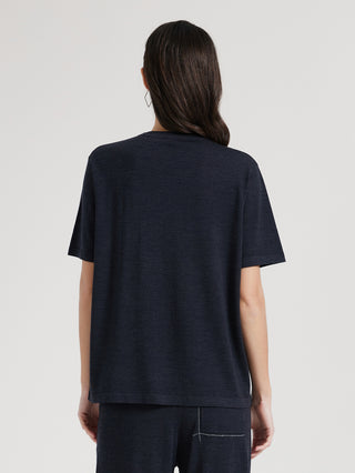 Back view: graphite gray short-sleeve T-shirt with crew neck and straight hem