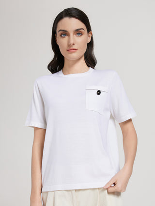 White short-sleeve T-shirt with chest pocket and dark button detail