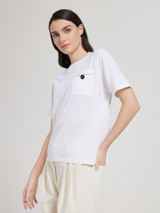 White crewneck pocket T-shirt with short sleeves and button at chest
