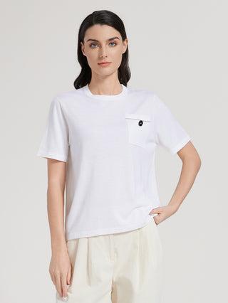 White short-sleeve T-shirt with chest pocket, wool-silk blend knit