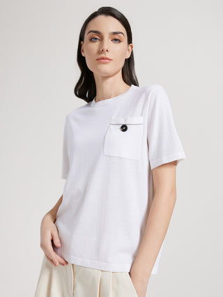White short-sleeve T-shirt with front chest pocket and dark button detail