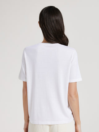 Back view: white short-sleeve T-shirt, crew neck, smooth straight silhouette