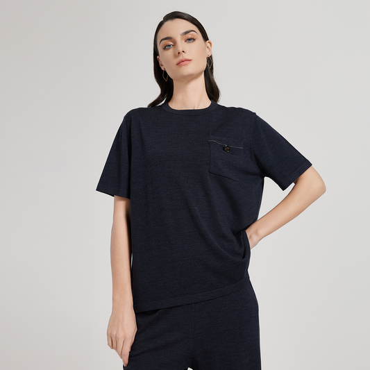 2025 Women's silk wool pocket button T-shirt