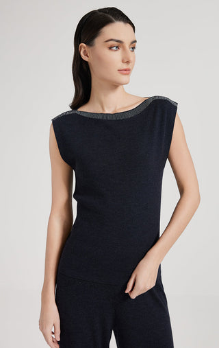 Dark wool-silk blend tank top with round ribbed neckline and fitted knit bodice