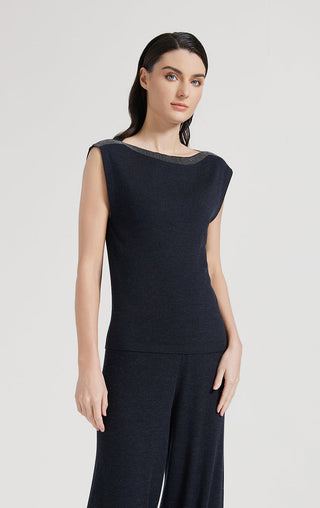 Full view of dark sleeveless knit tank top with ribbed crew neck and straight hem