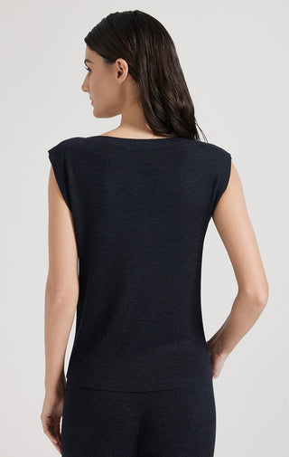 Back view of dark sleeveless knit tank top with crew neckline ribbing