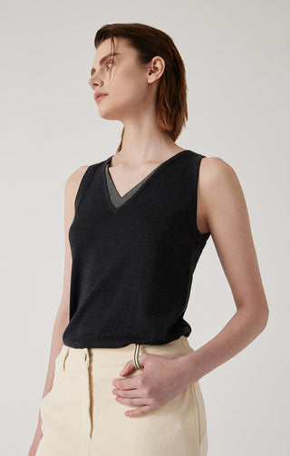 Black V-neck tank top, sleeveless with contrasting trim around the V-neck