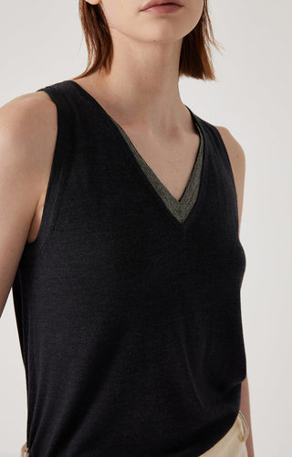Close-up of black V-neck tank top with contrasting trim along the neckline