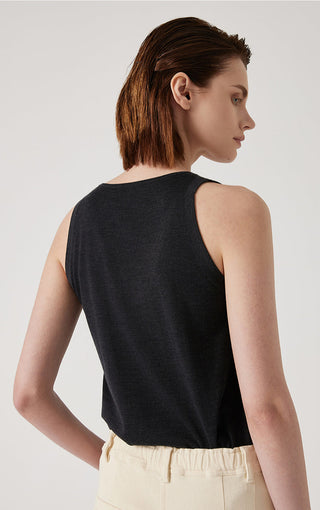 Black sleeveless tank top, open V-neck with contrasting neckline trim shown from back