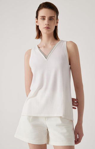 White wool-silk blend V-neck tank top with contrasting neckline trim