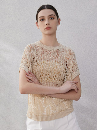 Apricot lace-knit short-sleeve pullover, crew neck and textured openwork throughout