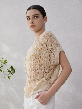 Apricot openwork lace-knit short-sleeve pullover with crew neck, relaxed fit