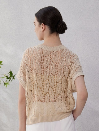 Apricot linen openwork lace-knit pullover shown from back view with short sleeves