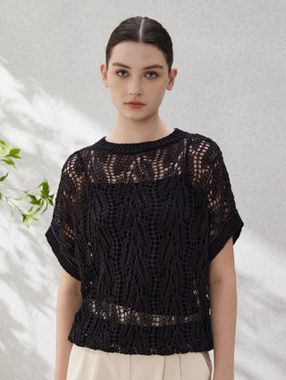 Black linen openwork lace-knit short-sleeve pullover with crew neck and ribbed hem