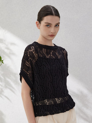 Black openwork lace-knit short-sleeve pullover with crew neck and ribbed trim