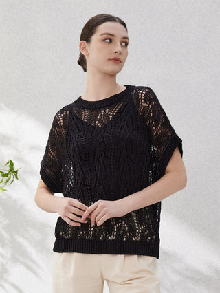 Black lace-knit pullover angled view with openwork design and short sleeves