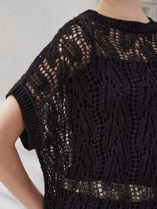 Black lace-knit pullover detail: intricate openwork texture on short sleeve