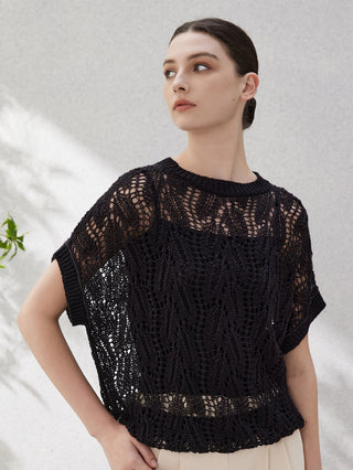 Black linen openwork lace-knit short-sleeve pullover with crew neck