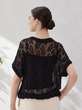 Black linen openwork lace-knit short-sleeve pullover shown from back view