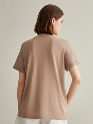Khaki short-sleeve T-shirt back view with straight hem and relaxed fit