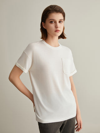 White crew-neck T-shirt with chest pocket and contrast-edged trim detail
